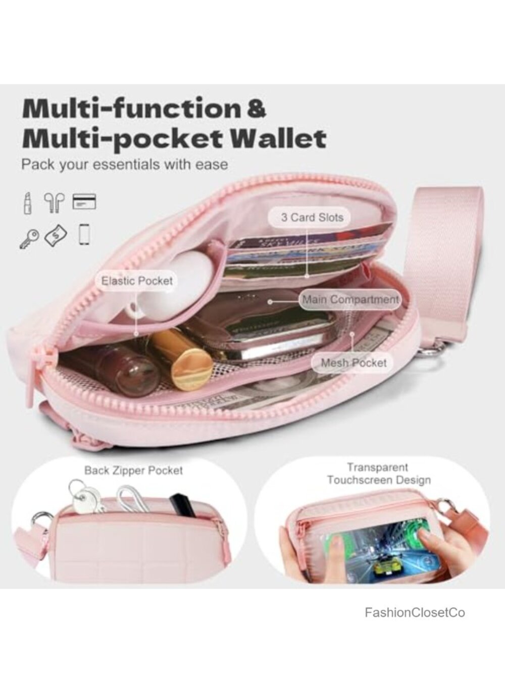 Quilted RFID Blocking Wristlet Wallet with Detachable Strap & 3 Zipper Pockets, - Picture 3 of 6